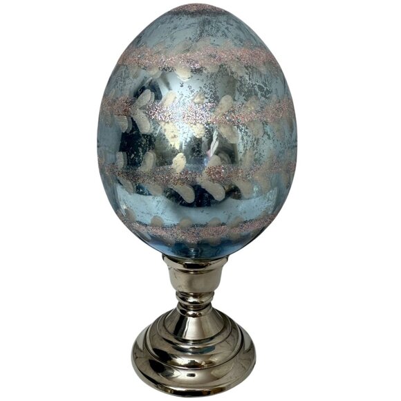Pottery Barn Mercury Glass Egg Pedestal 8.5" high Pastel Blue Easter Decor - Picture 7 of 10